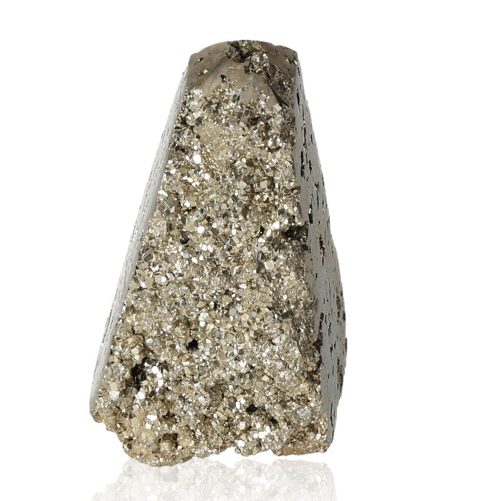 Pyrite obelisk crystal, promotes independence and motivation, boosts new ideas and goal achievement.