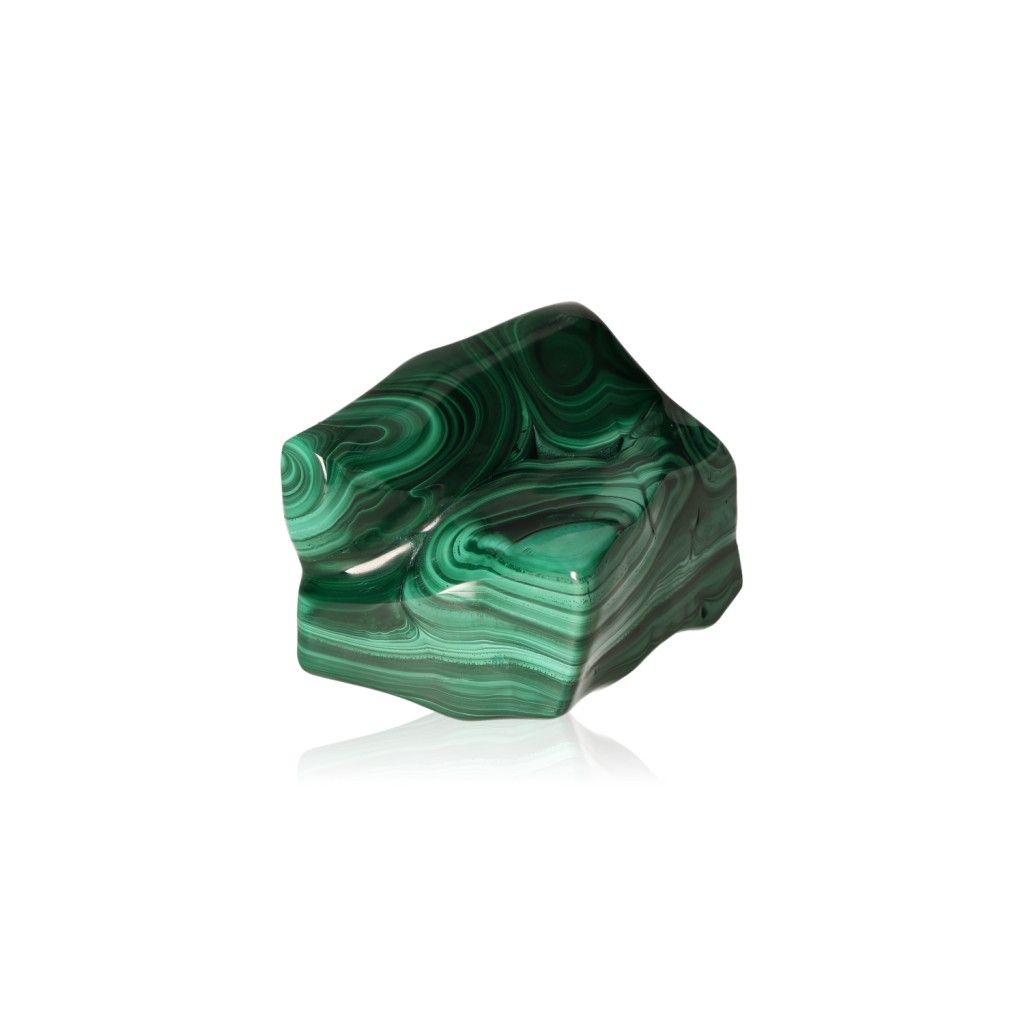 "Polished malachite stone with deep green swirls, known for its calming energy and optimistic influence."