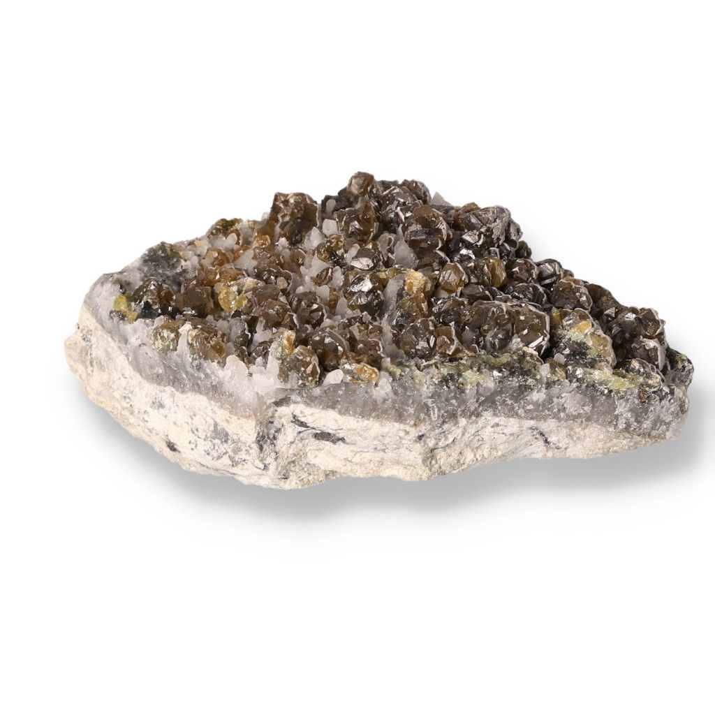 Chalcopyrite on Quartz mineral specimen with vibrant hues and energy properties promoting emotional balance and self-expression.