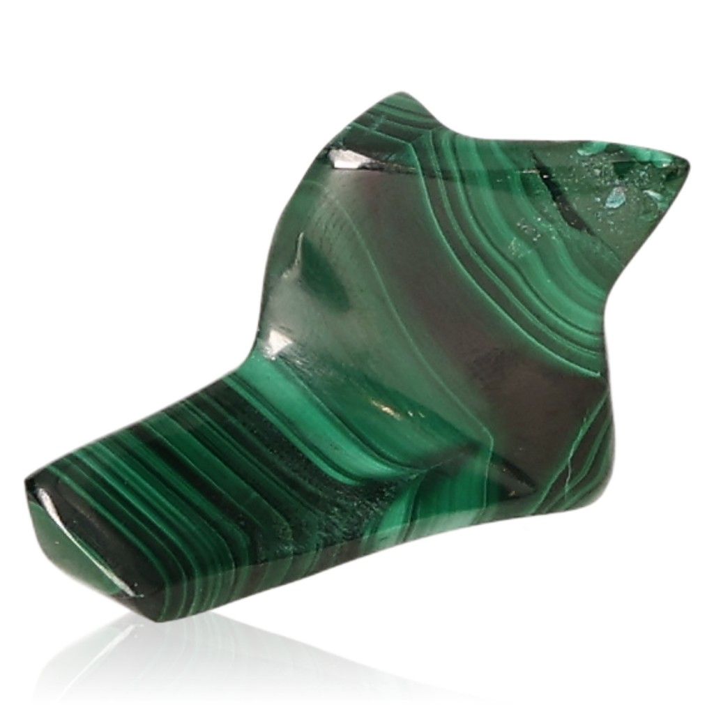 Polished green malachite stone with smooth surface and striped patterns, known for its soothing energy and heart-opening properties.