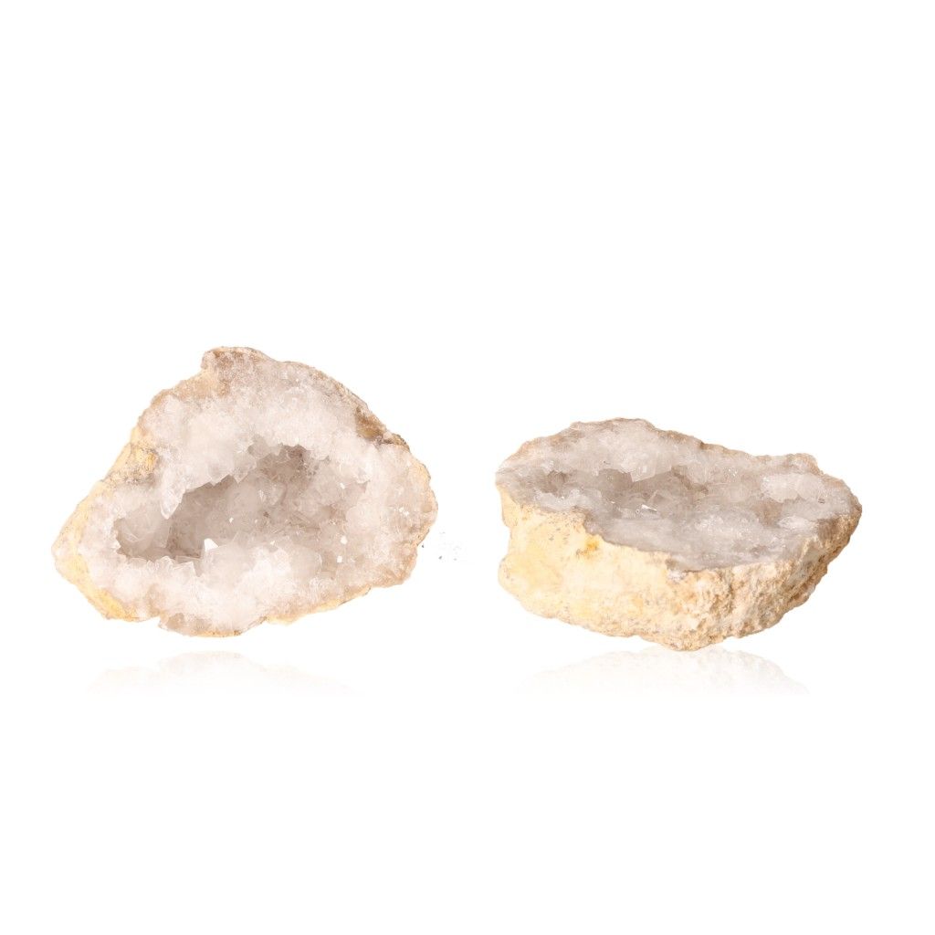 Milky quartz geode halves with sparkling white crystals, perfect for energy cleansing and boosting focus and tranquility.