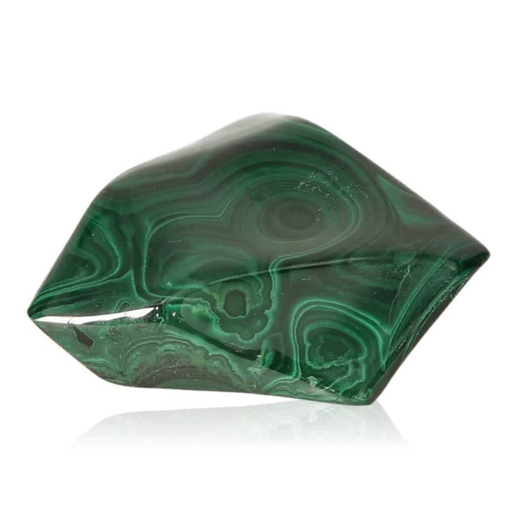 Polished malachite stone with vibrant green swirls, known for soothing energy and promoting courage and optimism.