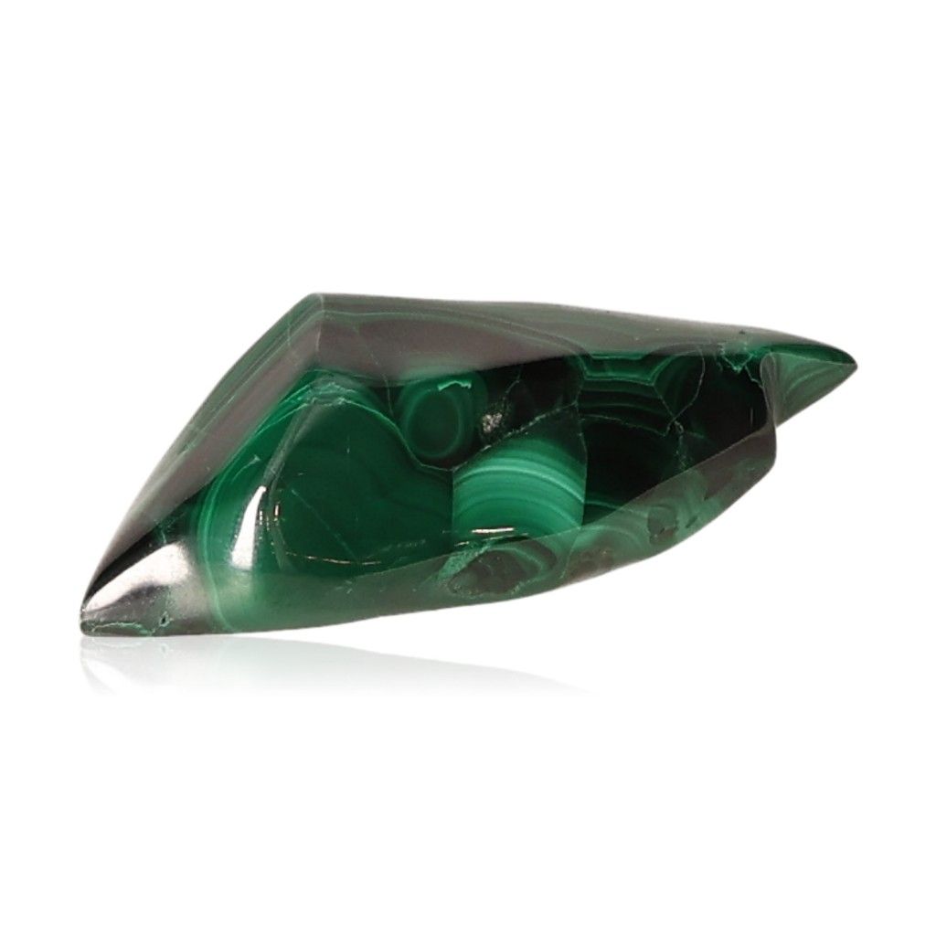 Polished malachite gemstone with green natural patterns, symbolizing courage and harmony.