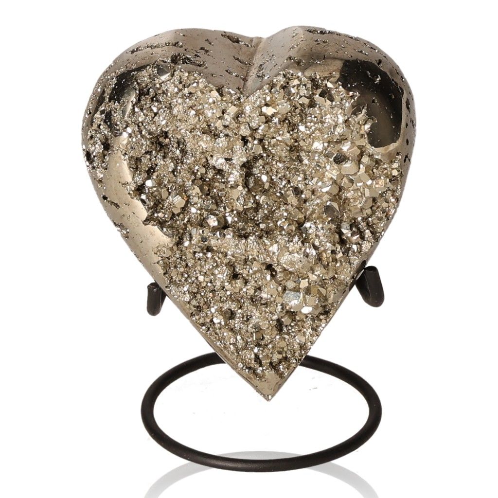 Heart-shaped pyrite stone on stand, symbolizing independence and courage, ideal for inspiring new ideas and motivation.