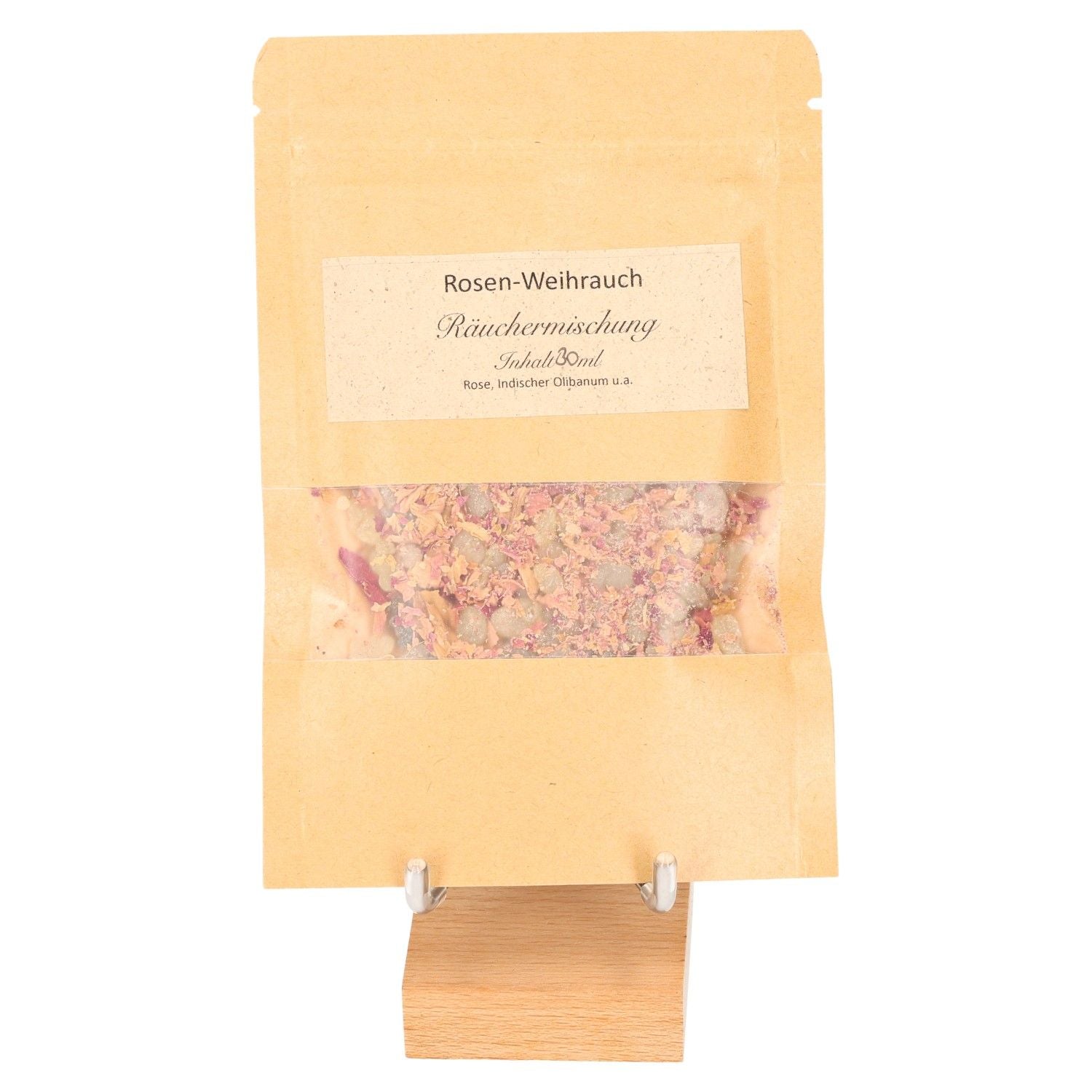 Rose Incense Blend in eco-friendly packaging for relaxation and meditation, premium natural aroma product on display stand