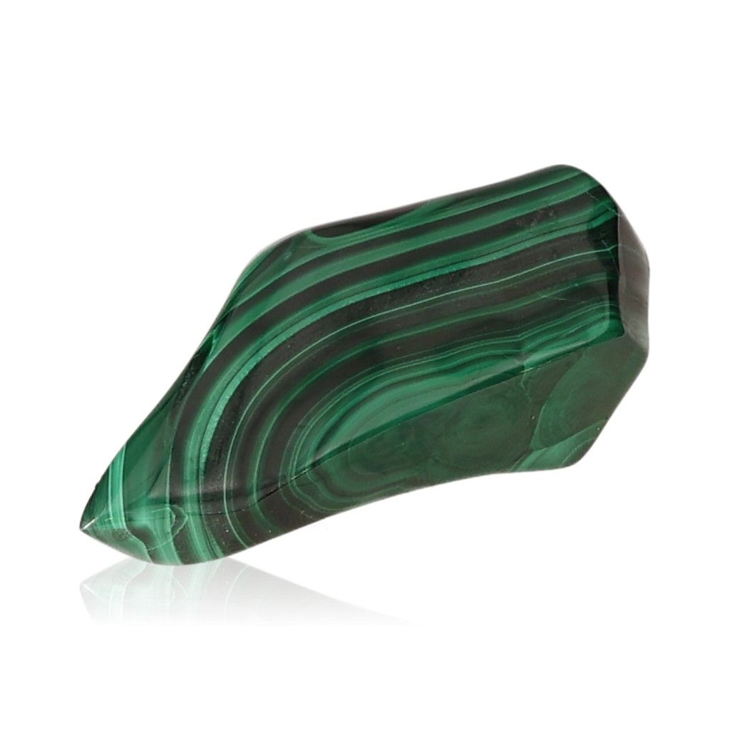 Polished malachite stone with green stripes, symbolizing nature and promoting courage, hope, and inner harmony.