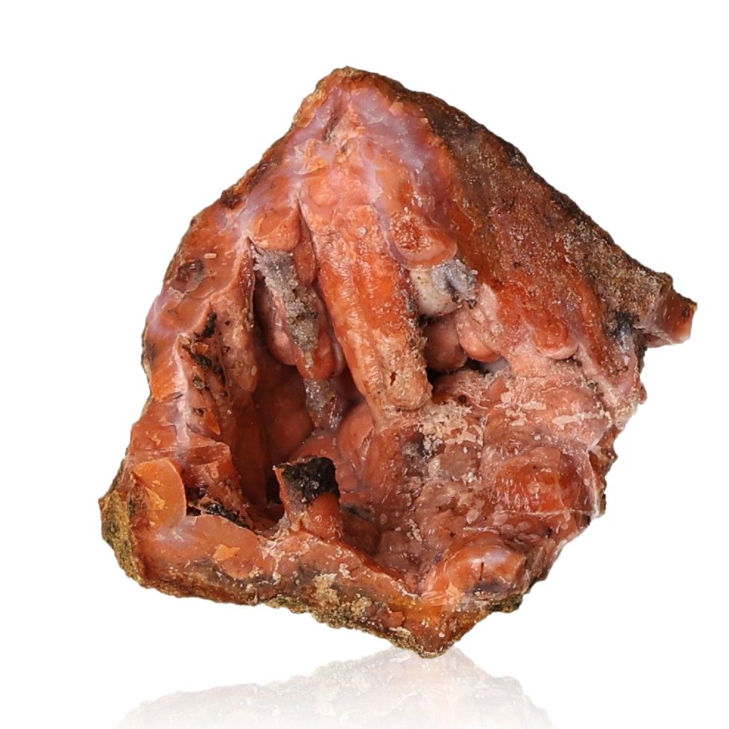 Calcite stalactite stone with earthy red tones showcasing intricate natural formations and growth symbols.