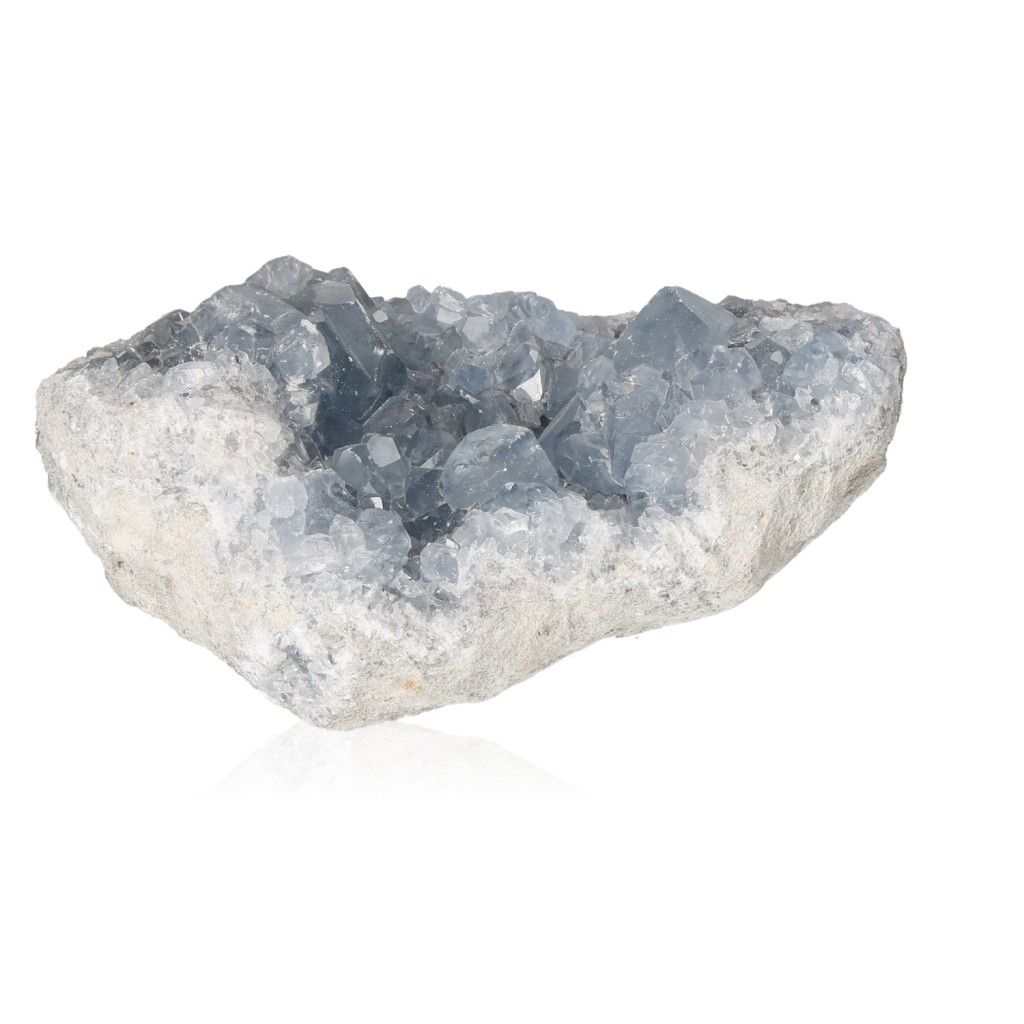 Celestite crystal, known for serenity and divine connection, with calming blue hues promoting peace and spiritual alignment.