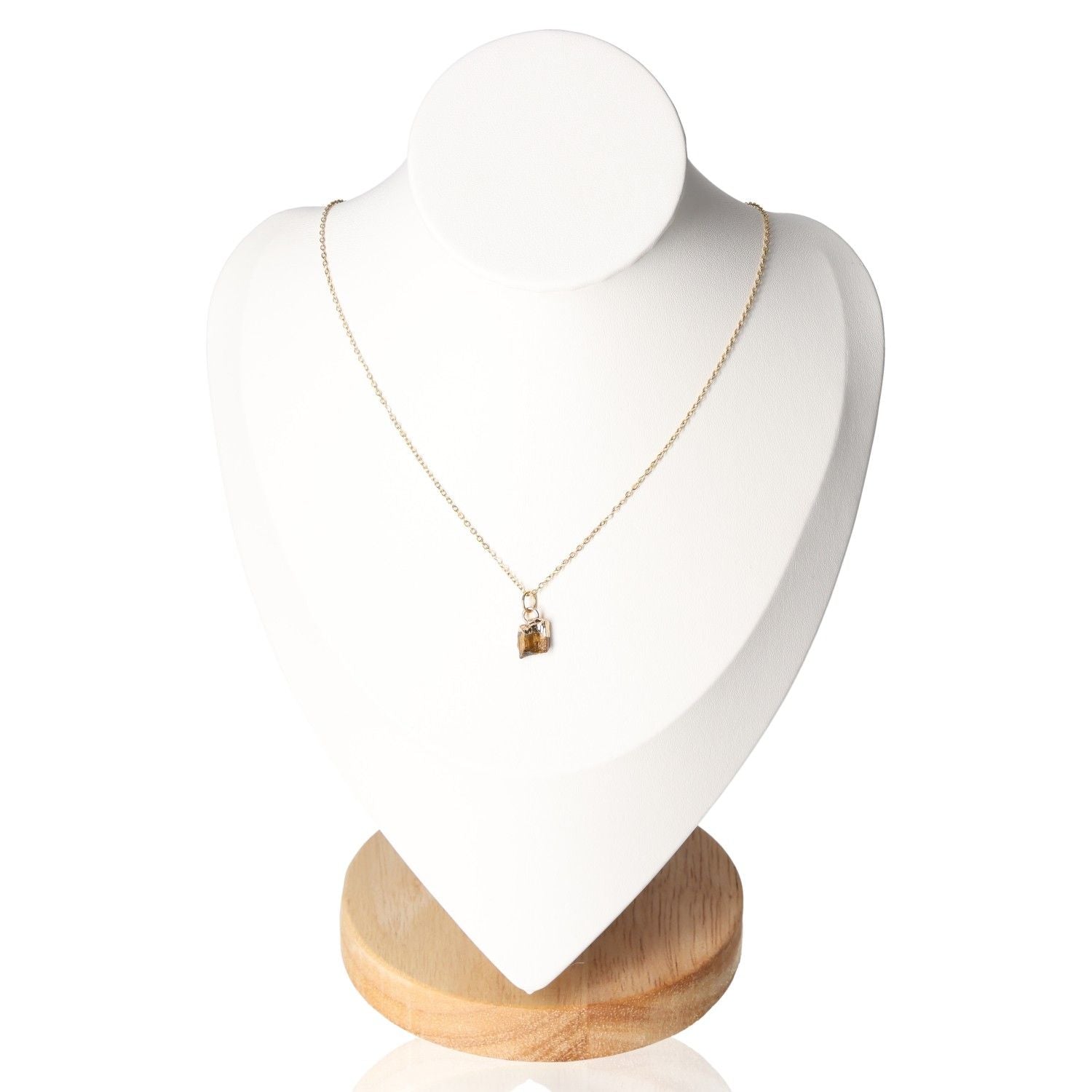 "Good Fortune crystal necklace with Tiger’s Eye for prosperity on a display stand"