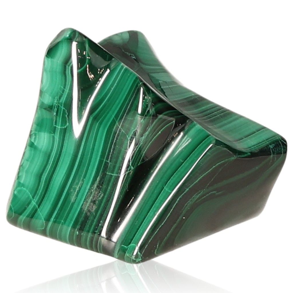 Polished malachite stone with green banding, known for its soothing energy and ability to enhance courage and optimism.