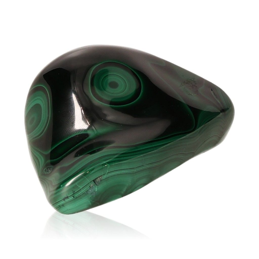 Malachite stone with vibrant green swirls, known for promoting harmony, courage, and positive energy through life changes.