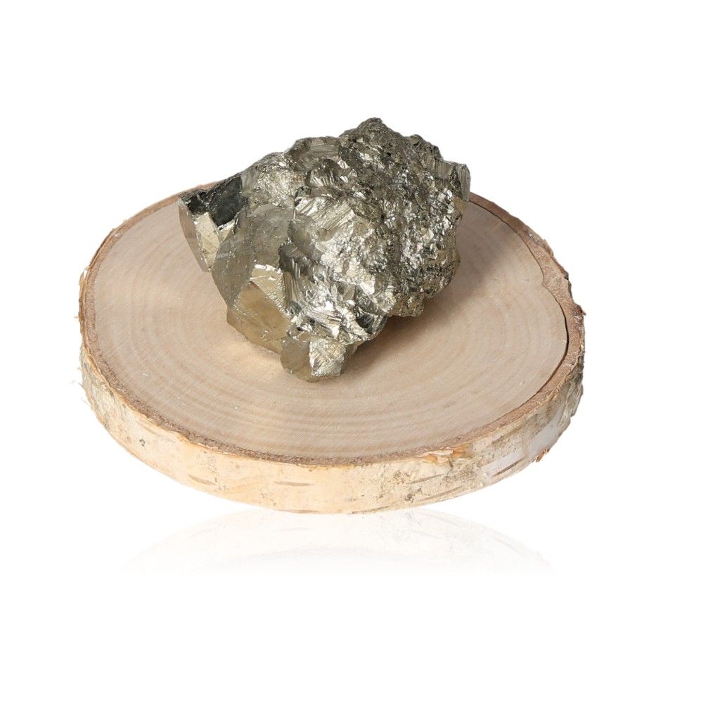 Pyrite druzy gemstone on wood slice, enhances independence, inspires ideas, courage, and motivates goal achievement.