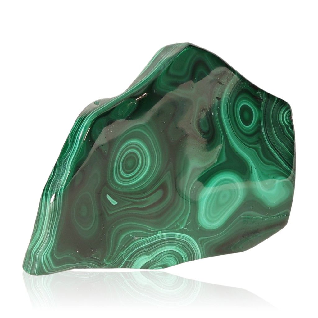 Polished green malachite gemstone with swirling patterns, known for its soothing energy and ability to foster courage and optimism.