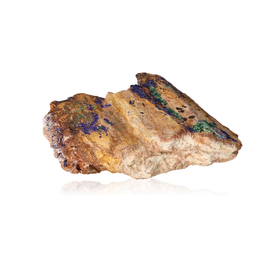 Raw azurite crystal with deep blue patterns and copper highlights, ideal for collectors and spiritual enthusiasts seeking mental clarity.