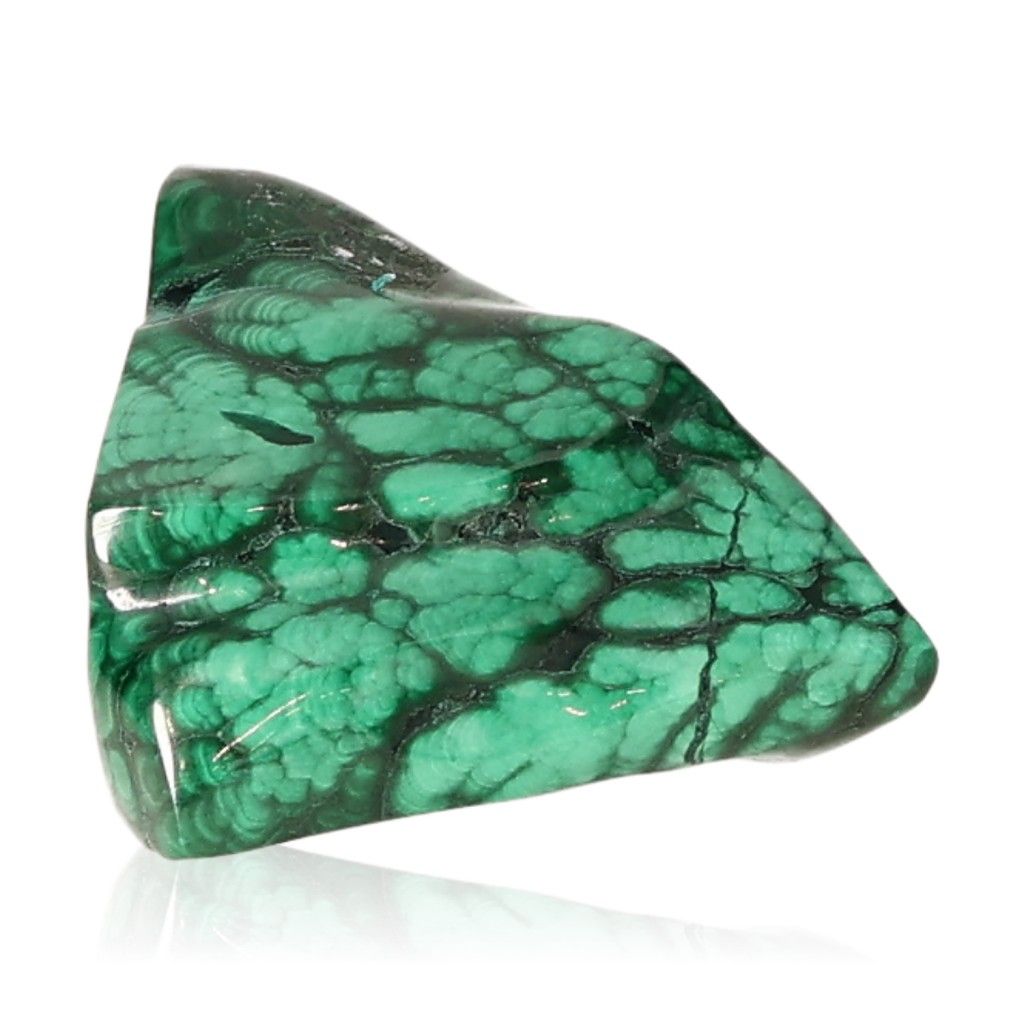 "Vibrant green malachite crystal with natural patterns, known for its soothing energy and support in finding inner harmony."