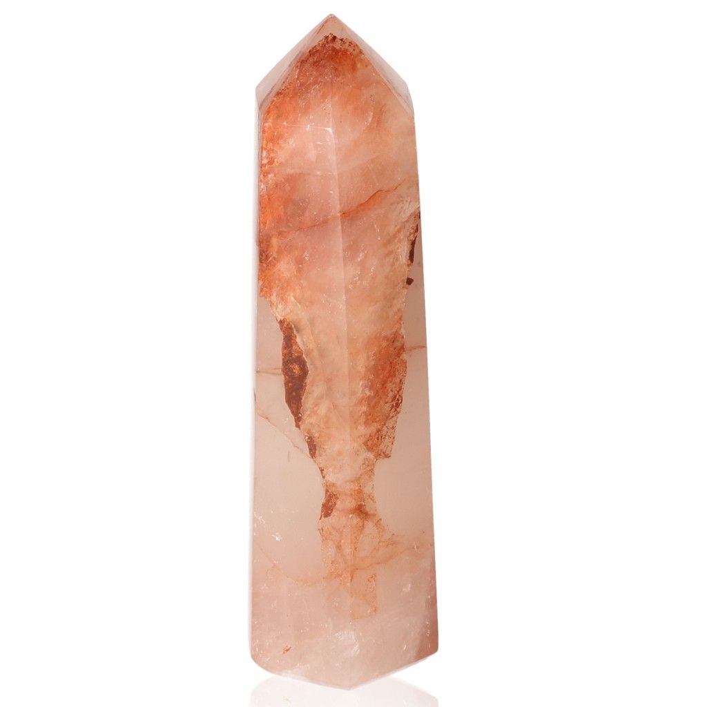 Red Calcite Tower with unique quartz properties, supporting chakra and zodiac signs for energetic and spiritual alignment.