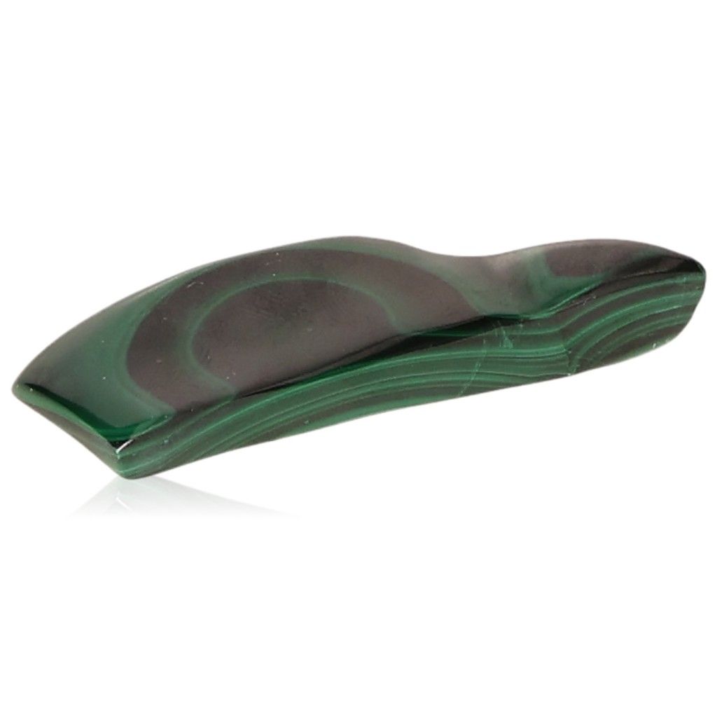 Polished malachite stone with soothing green patterns for courage and hope, promoting inner harmony and optimism.