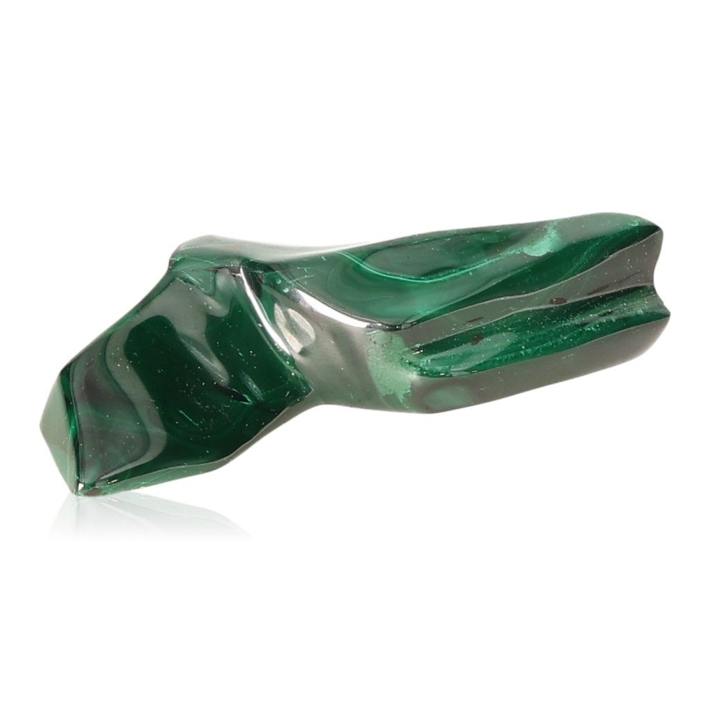 Smooth green malachite stone with natural patterns, symbolizing soothing energy and inner harmony.