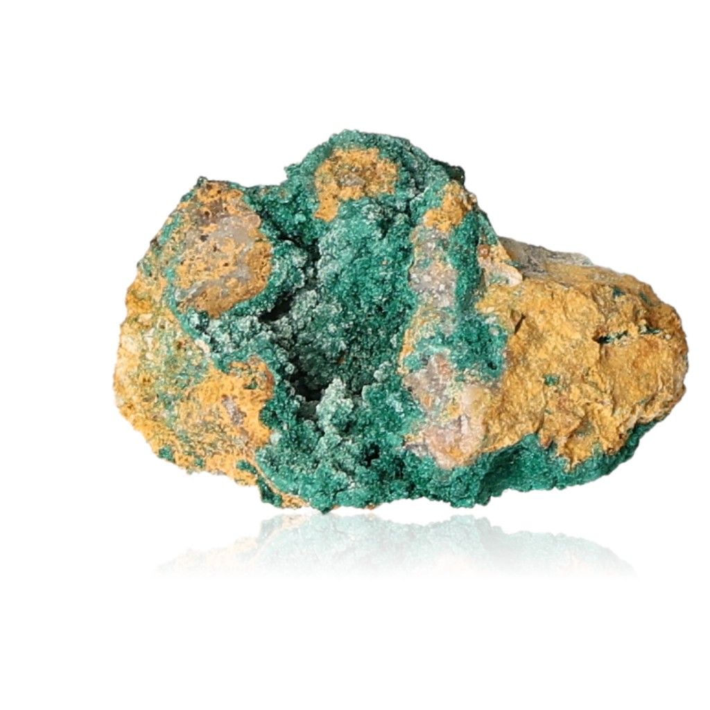 Raw malachite mineral showcasing vibrant green uneven surface on a white background, symbolizing natural beauty and energy.