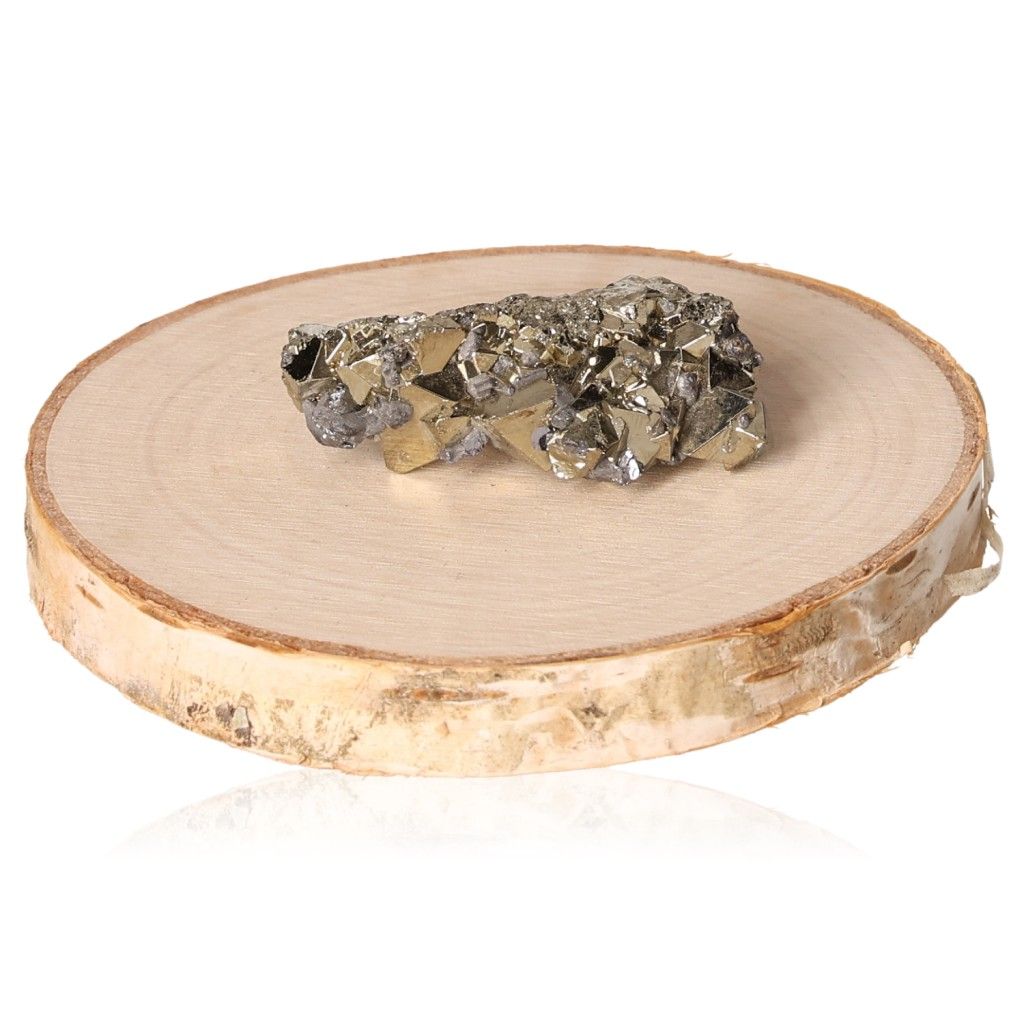 Pyrite druzy stone on round wooden base, promoting courage, independence, and goal achievement.