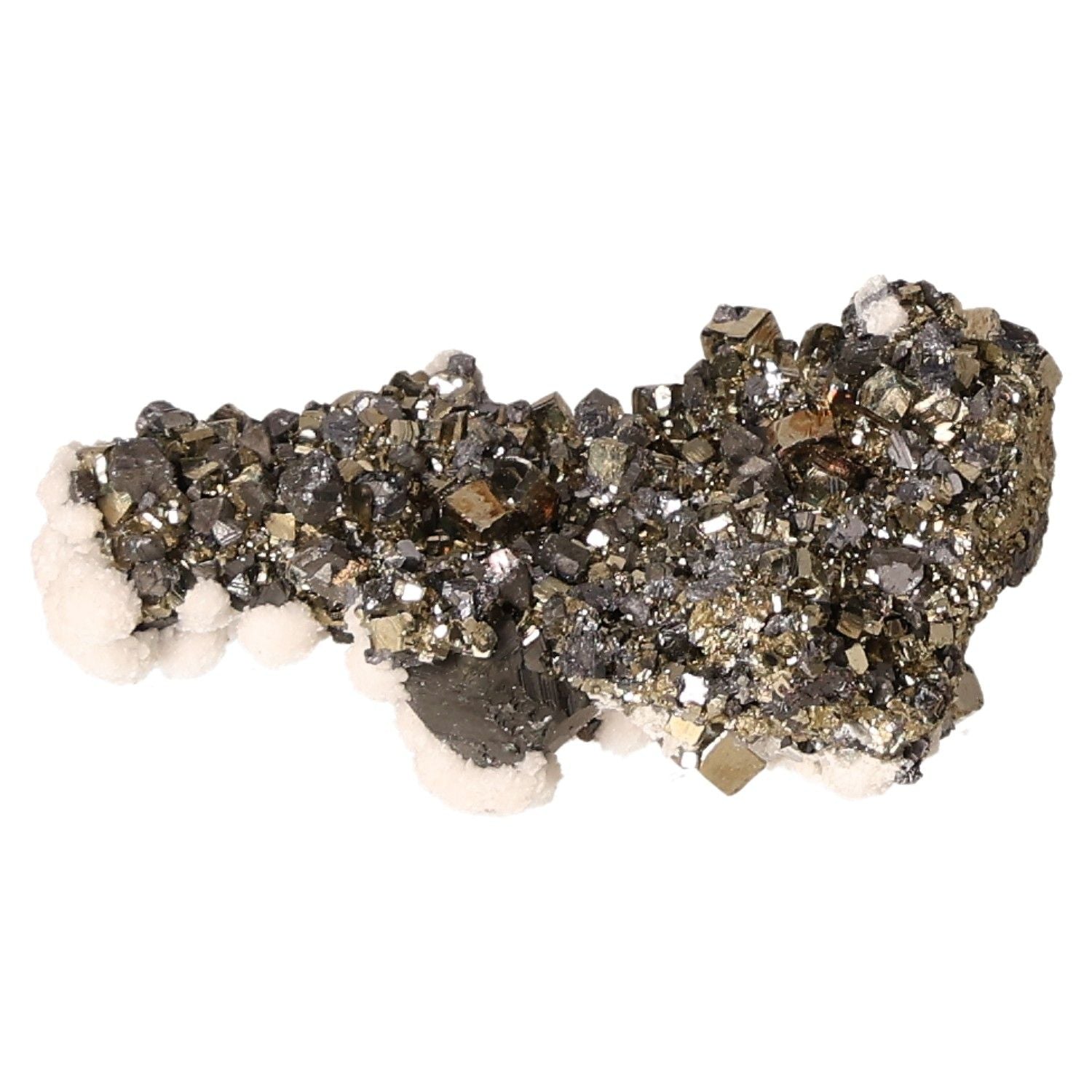 Pyrite druzy cluster with metallic crystals and white accents, promoting independence, courage, and motivation for new ideas.