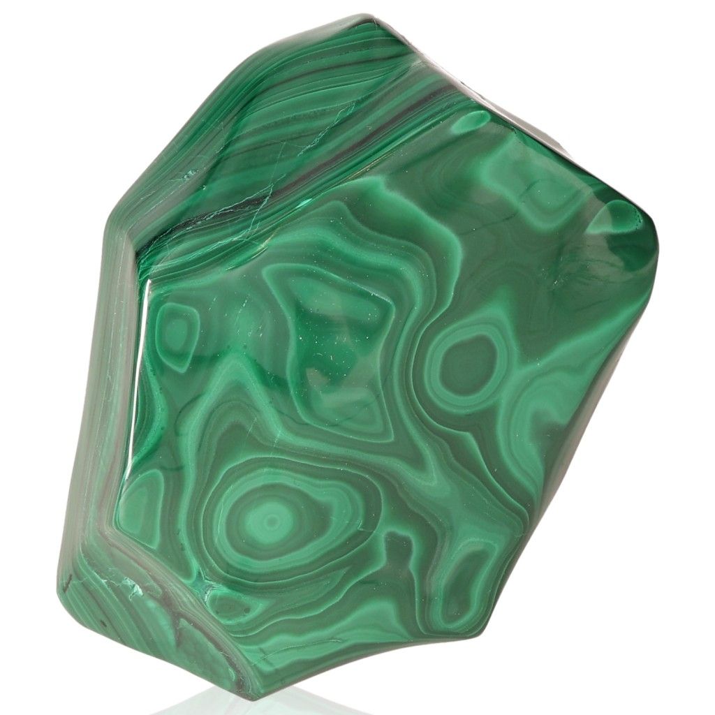 Polished malachite stone with vibrant green swirls, known for its calming and energizing properties.