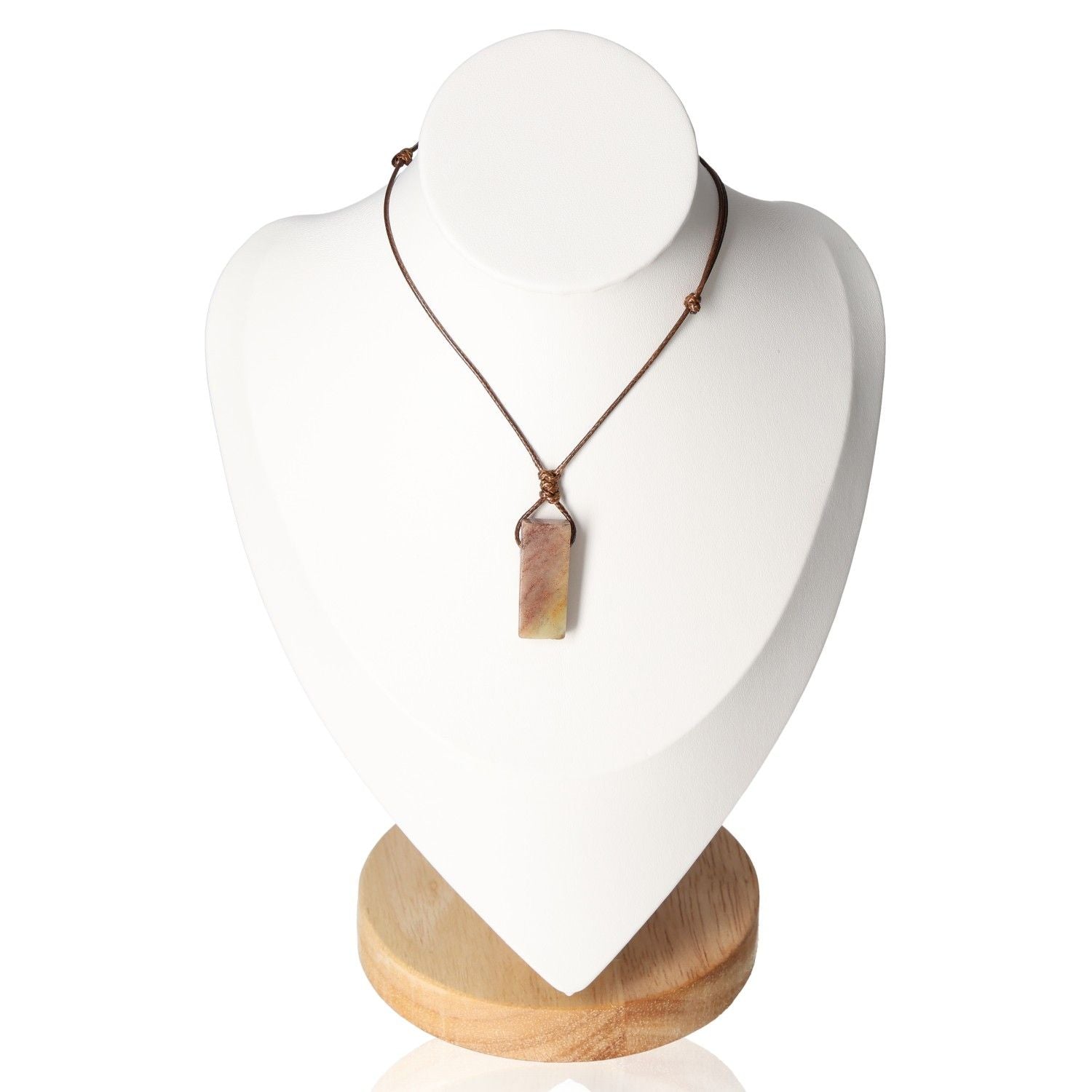 Boho necklace with Amazonite stone on display bust, showcasing its serene elegance and calming energy.