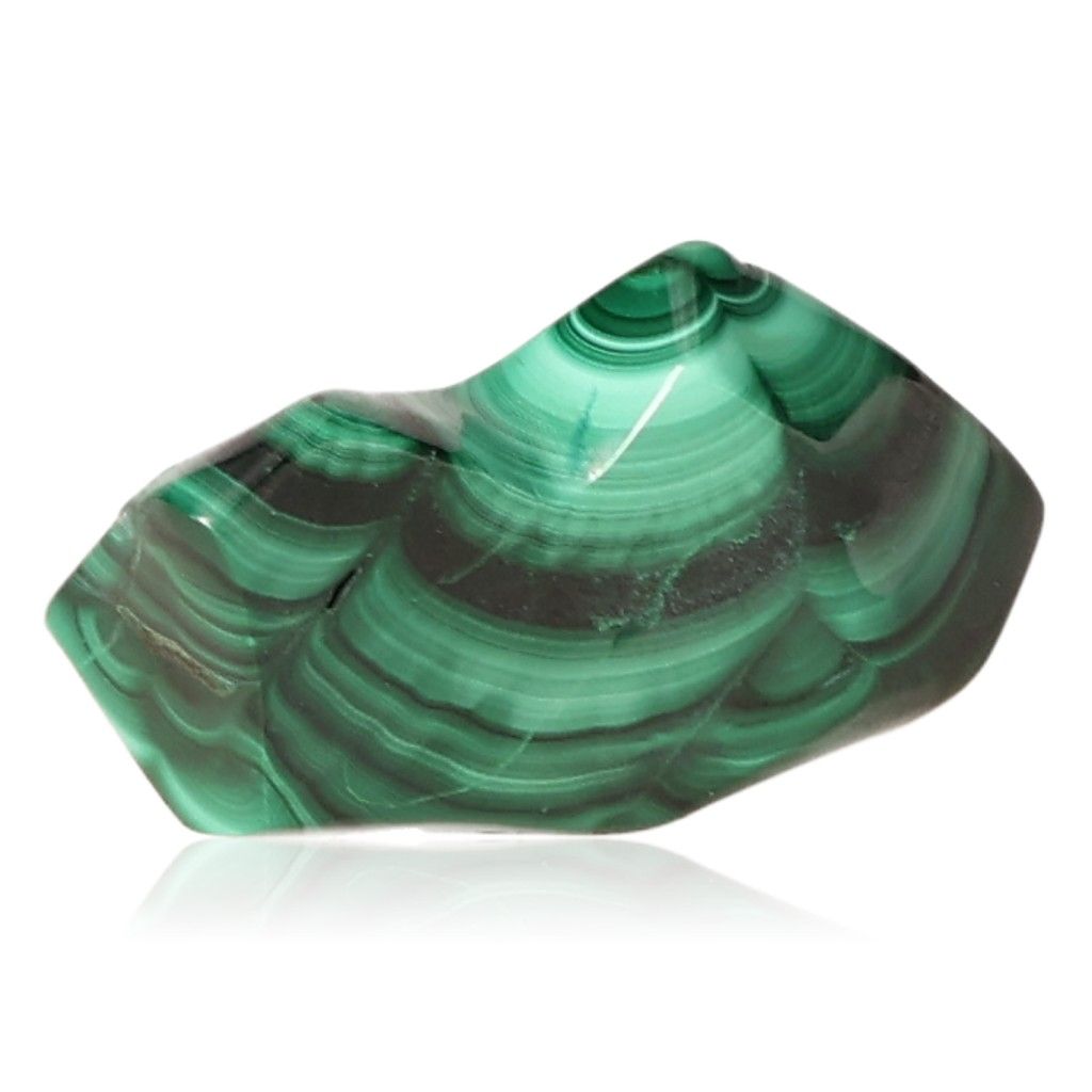 Polished malachite stone with vibrant green swirls, known for soothing energy and promoting courage and optimism.