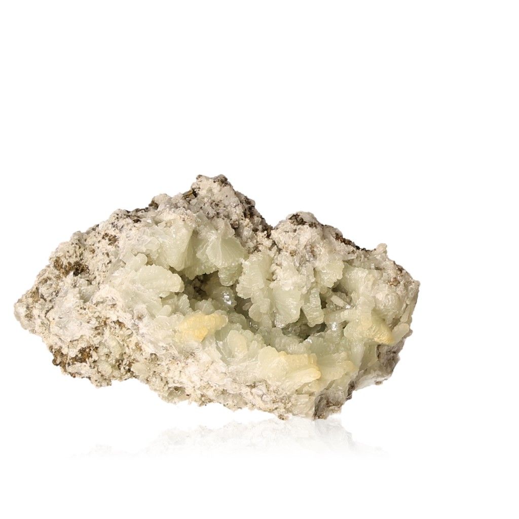 Prehnite Druze gemstone with pale green crystals, known for its calming properties and promoting spiritual growth.