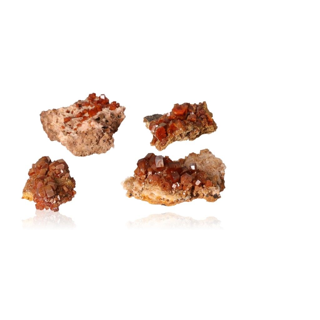 Vanadinite small druzes with reddish-brown hexagonal crystals on glassy surfaces, enhancing focus and motivation.