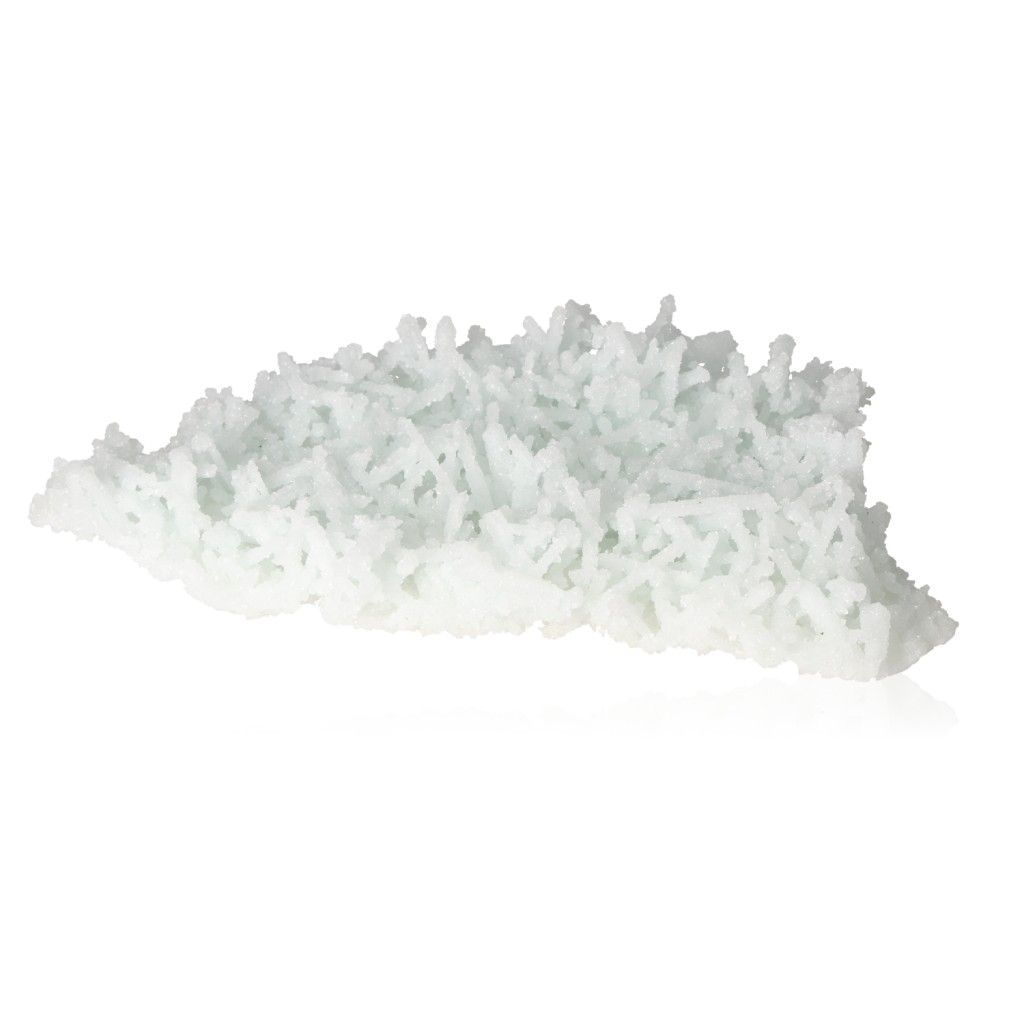 Pale green Prehnite crystal with spiky formations on a white background