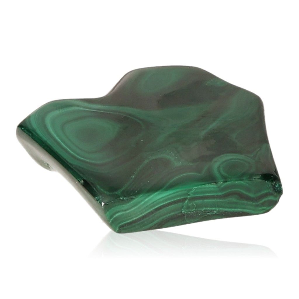 Polished green malachite stone with vibrant patterns, symbolizing courage and harmony.