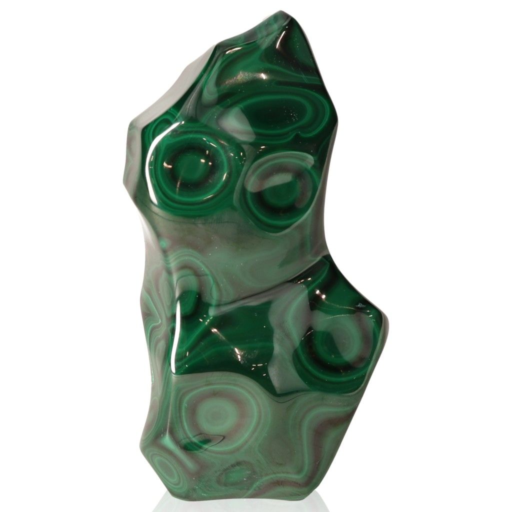 Polished malachite stone with swirling green patterns, known for its soothing energy and supportive properties.