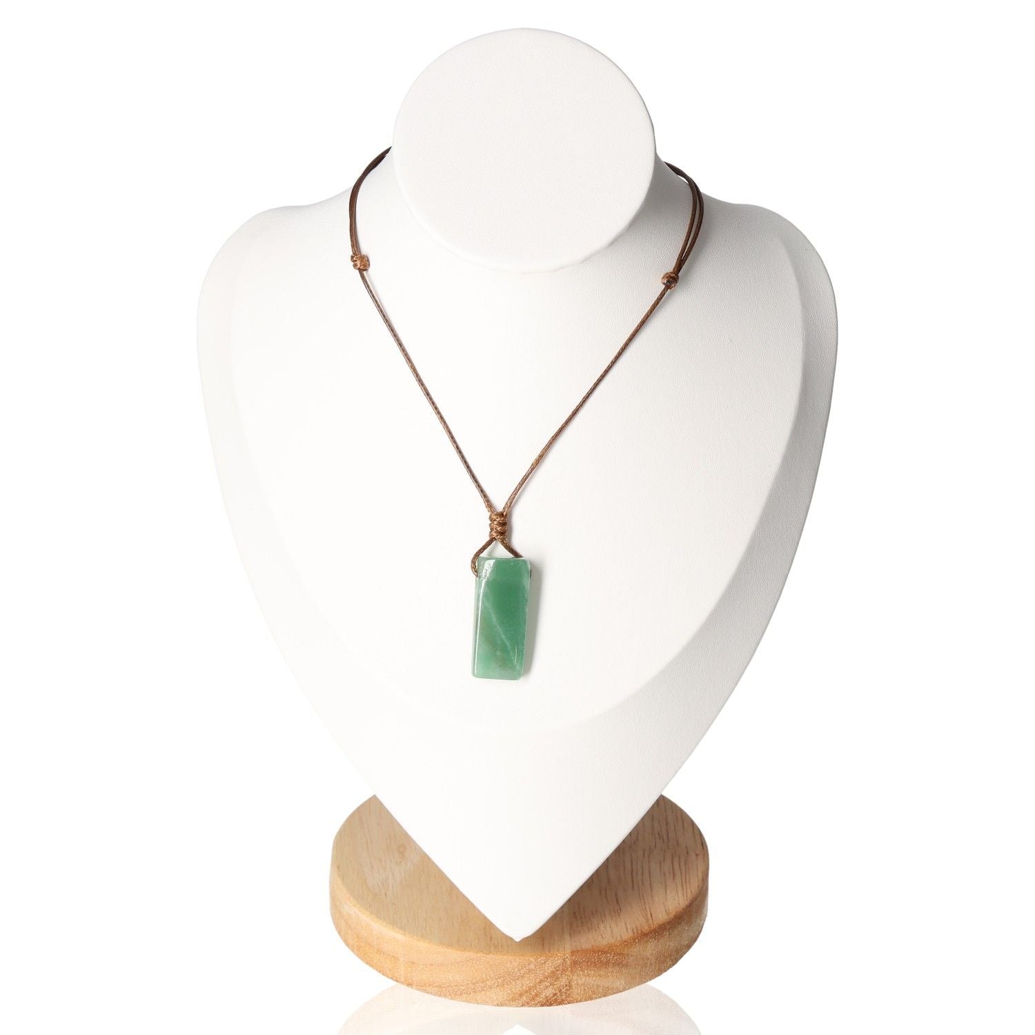 Boho necklace with authentic green aventurine gemstone on display stand, showcasing bohemian style and natural elegance.