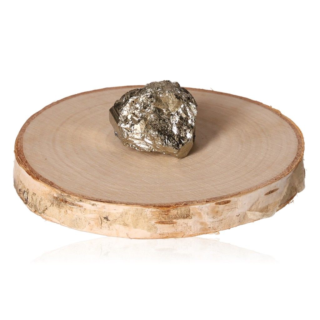 Pyrite druzy on a wooden slab, promoting independence and courage, ideal for motivation and goal achievement.