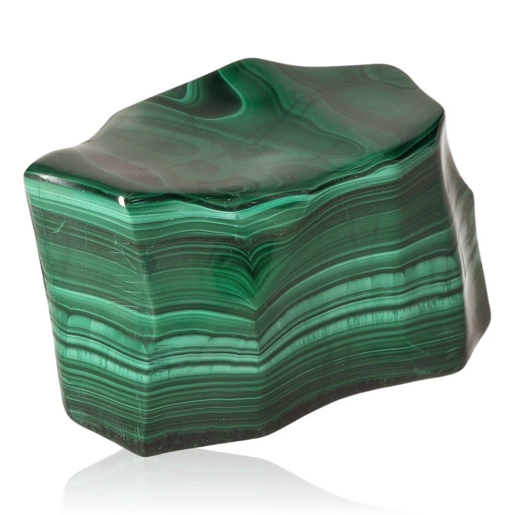 Polished green malachite stone with natural banding, offering soothing energy and promoting courage and optimism.