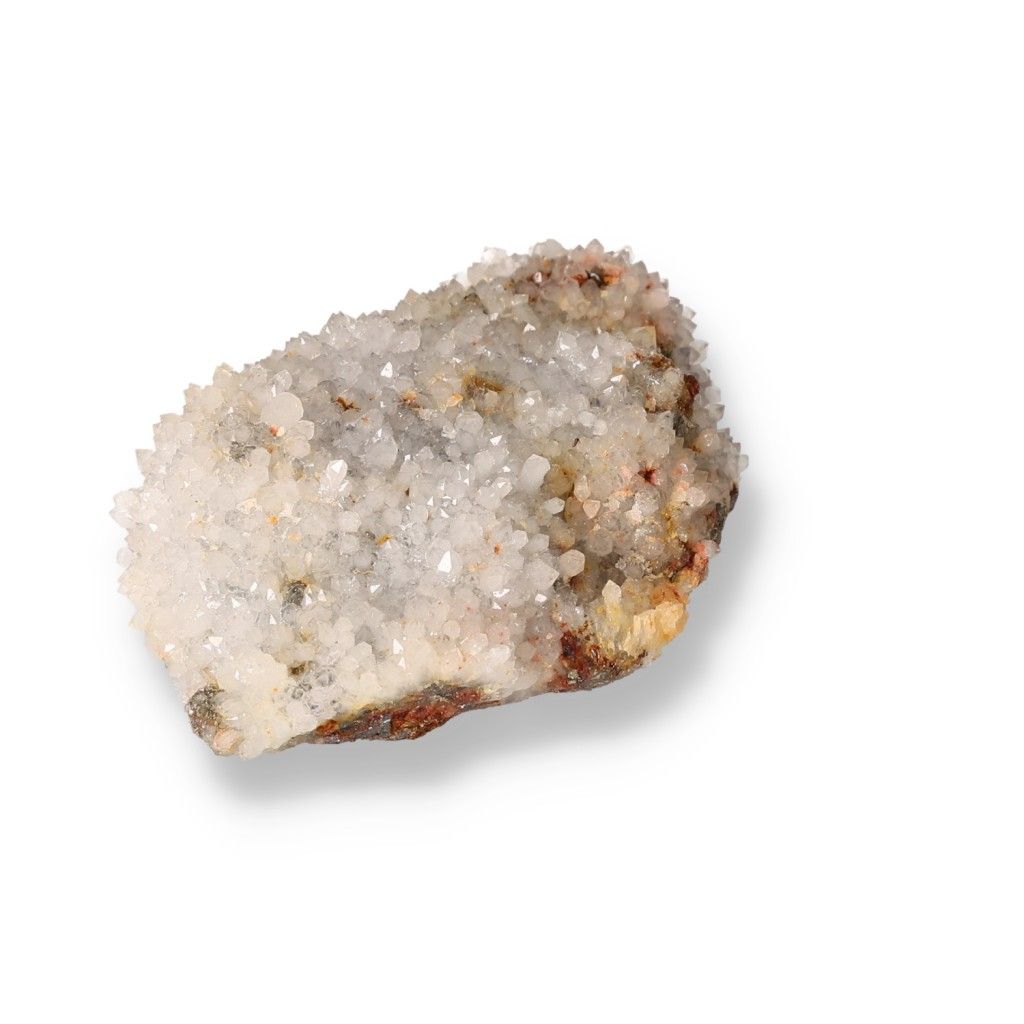 Quartz with goethite and pyrite crystal, enhancing chakra alignment and spiritual energy, on a white background.