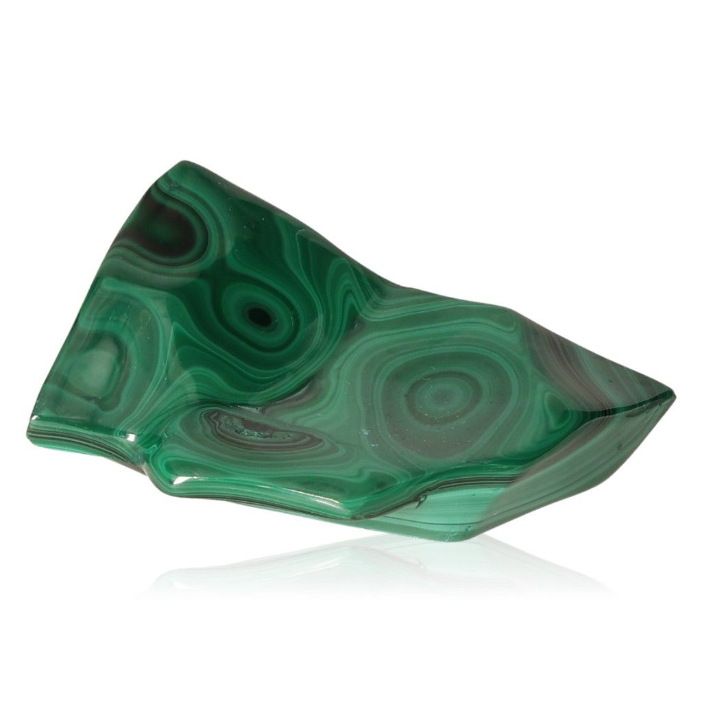 Polished malachite stone with vibrant green swirls, promoting courage and optimism.