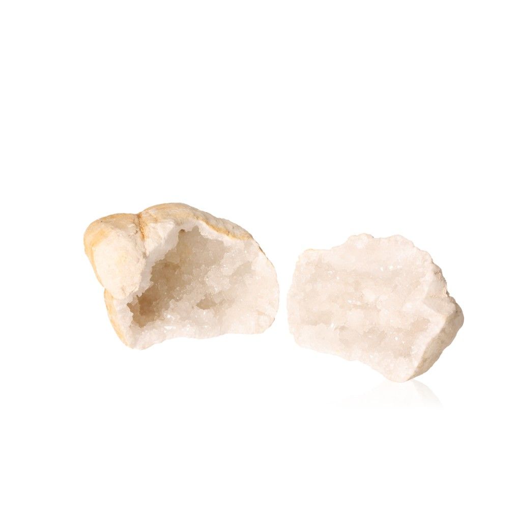 Milky quartz geode revealing sparkling white crystals, ideal for energy cleansing and enhancing tranquility and clarity.