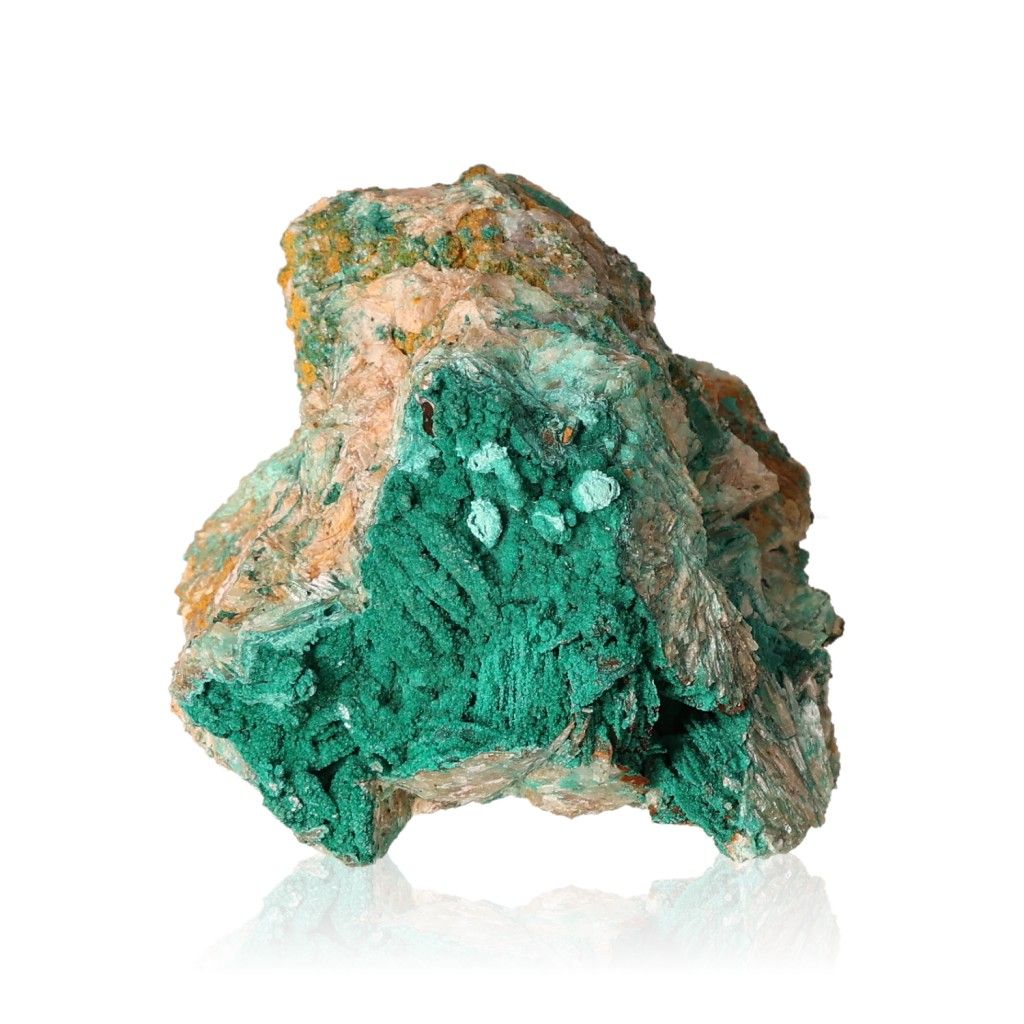 Raw malachite druze crystal with vibrant green and earthy tones, known for its soothing energy and optimistic influence.