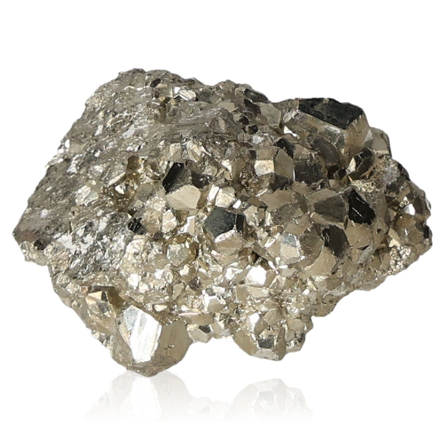 Pyrite druzy crystal, metallic gold hue, boosts independence and courage, ideal for generating new ideas and achieving goals