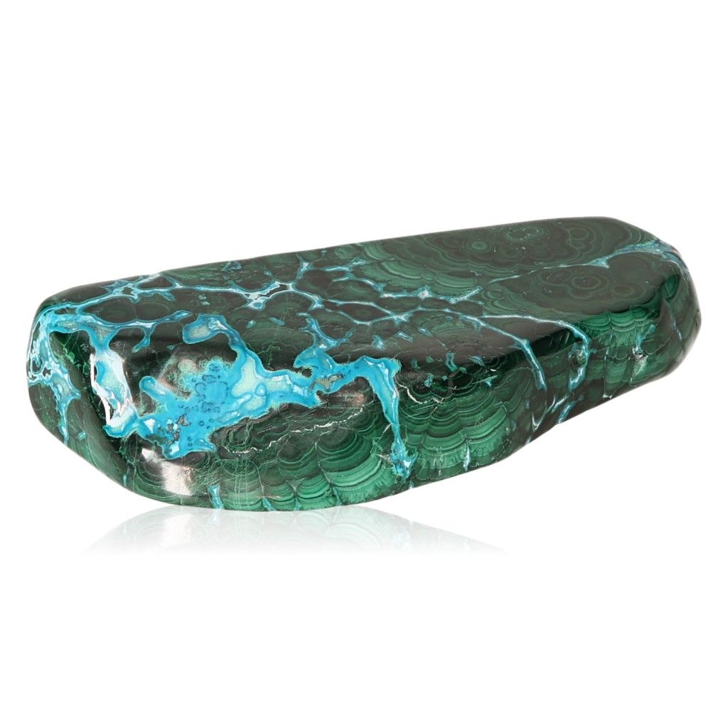 Blue Chrysocolla with Malachite gemstone showcasing vibrant hues and unique patterns, symbolizing tranquility and transformation.