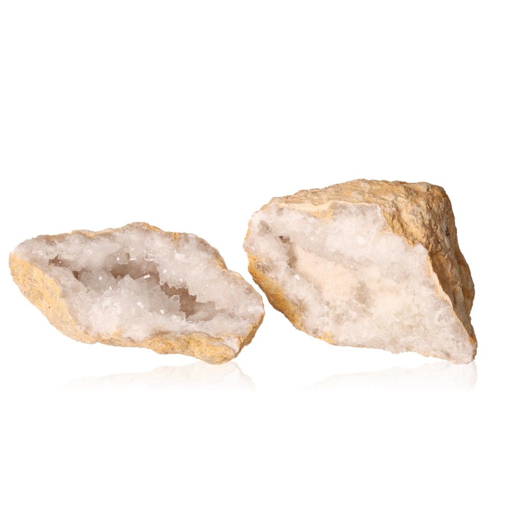 Milky quartz geode with sparkling cloudy white crystals, showcasing a rugged outer shell. Perfect for energy balance and focus.