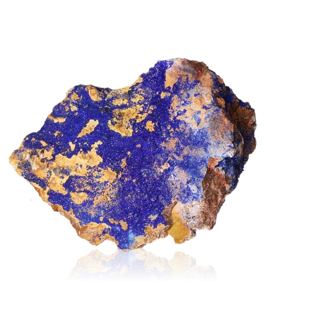 Azurite druzy mineral with vibrant deep blue hues and coppery accents, enhancing intuition and spiritual insight.