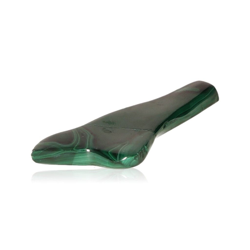 Polished green malachite stone with smooth, elongated shape on a white background.