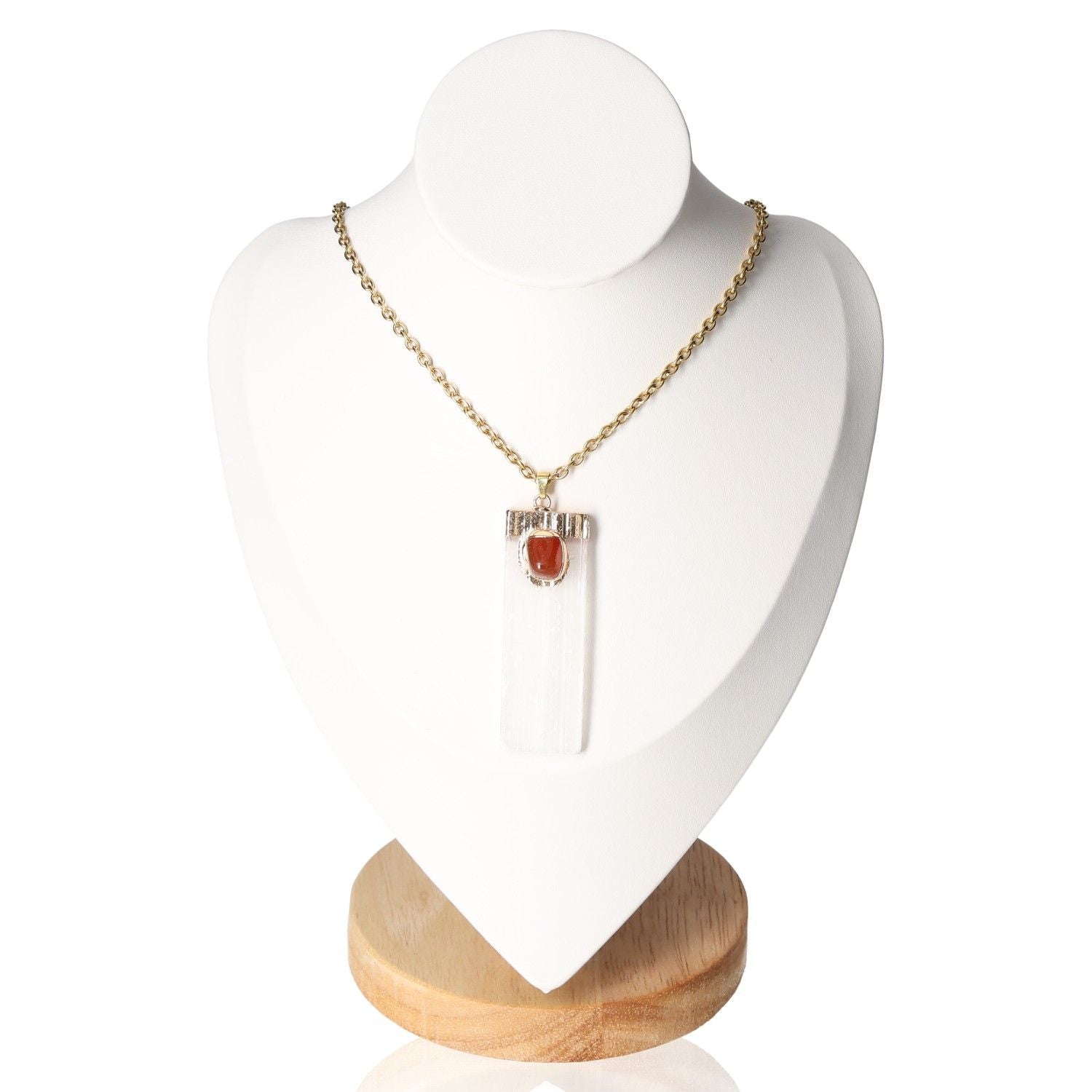 Selenite with Carnelian Necklace on display, promoting purity and vitality by Sylvia Crystals, perfect for spiritual growth.