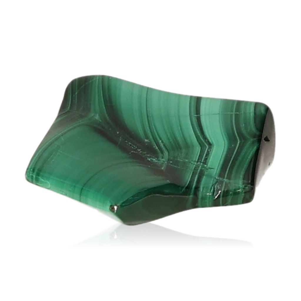 Polished malachite stone with rich green bands, known for soothing energy and promoting inner harmony and optimism.