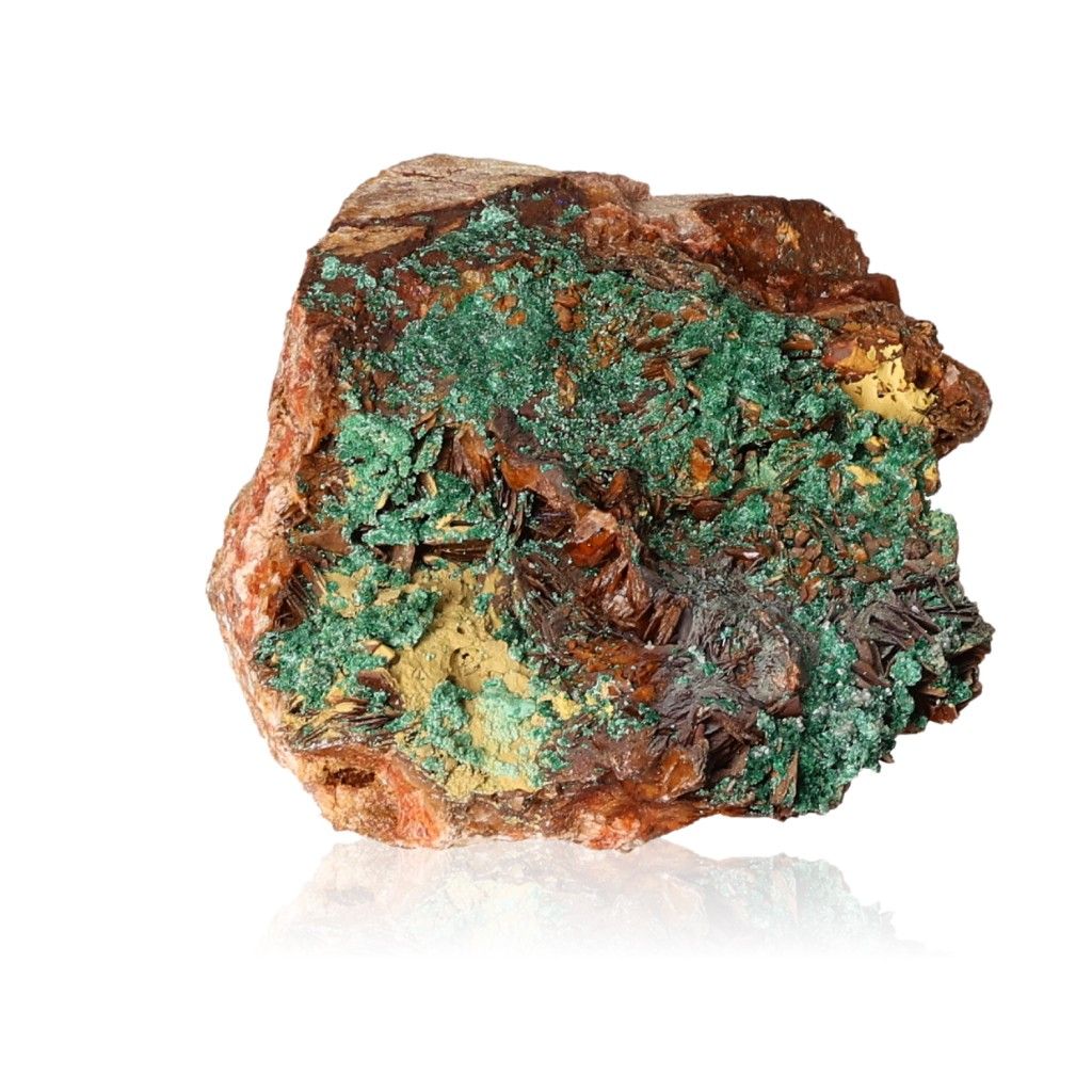 Malachite druzy stone with vibrant green hues, known for soothing energy, courage, and optimism, on a reflective surface.