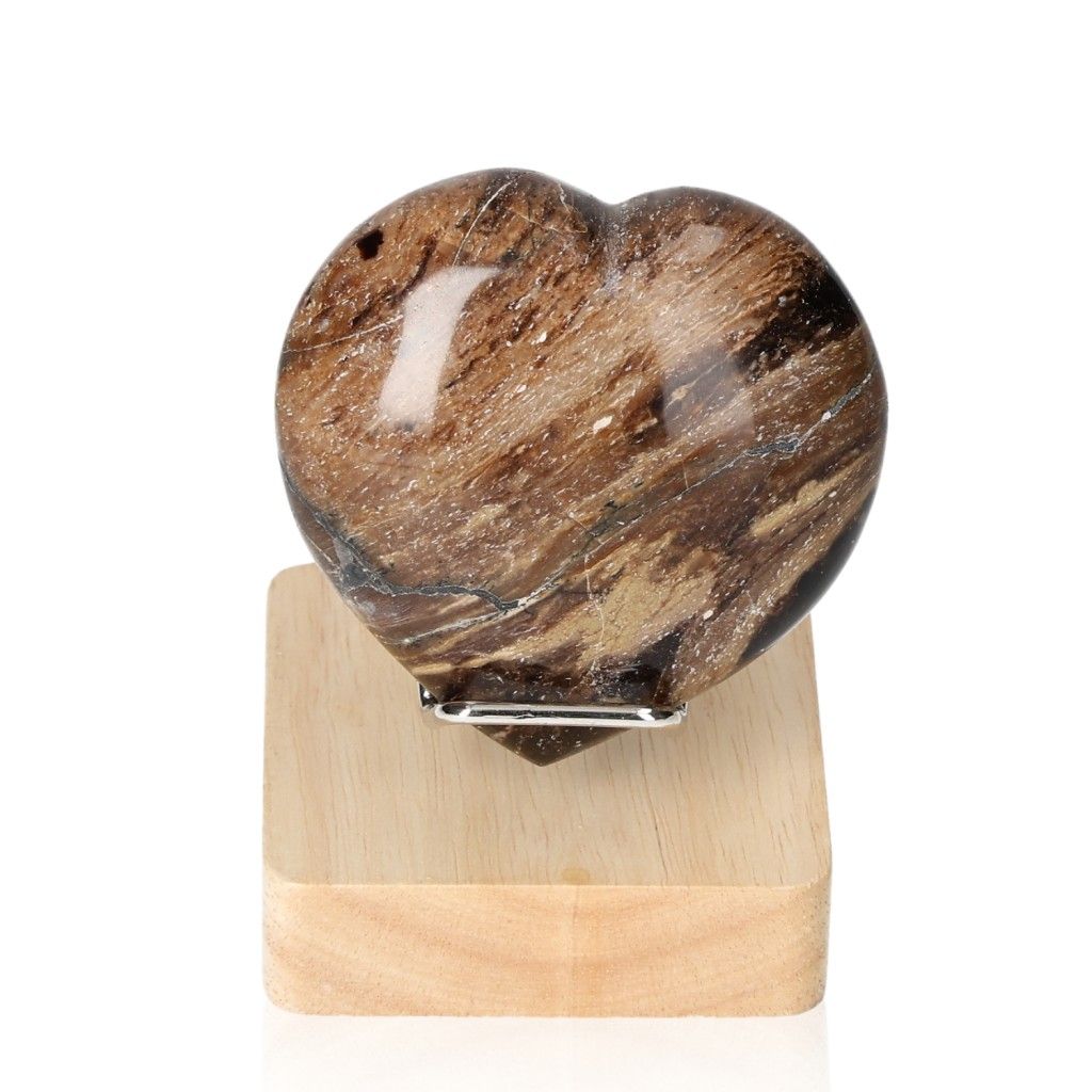 Petrified wood heart carving on display stand, showcasing natural wood grain and agate properties for energy harmony and balance.