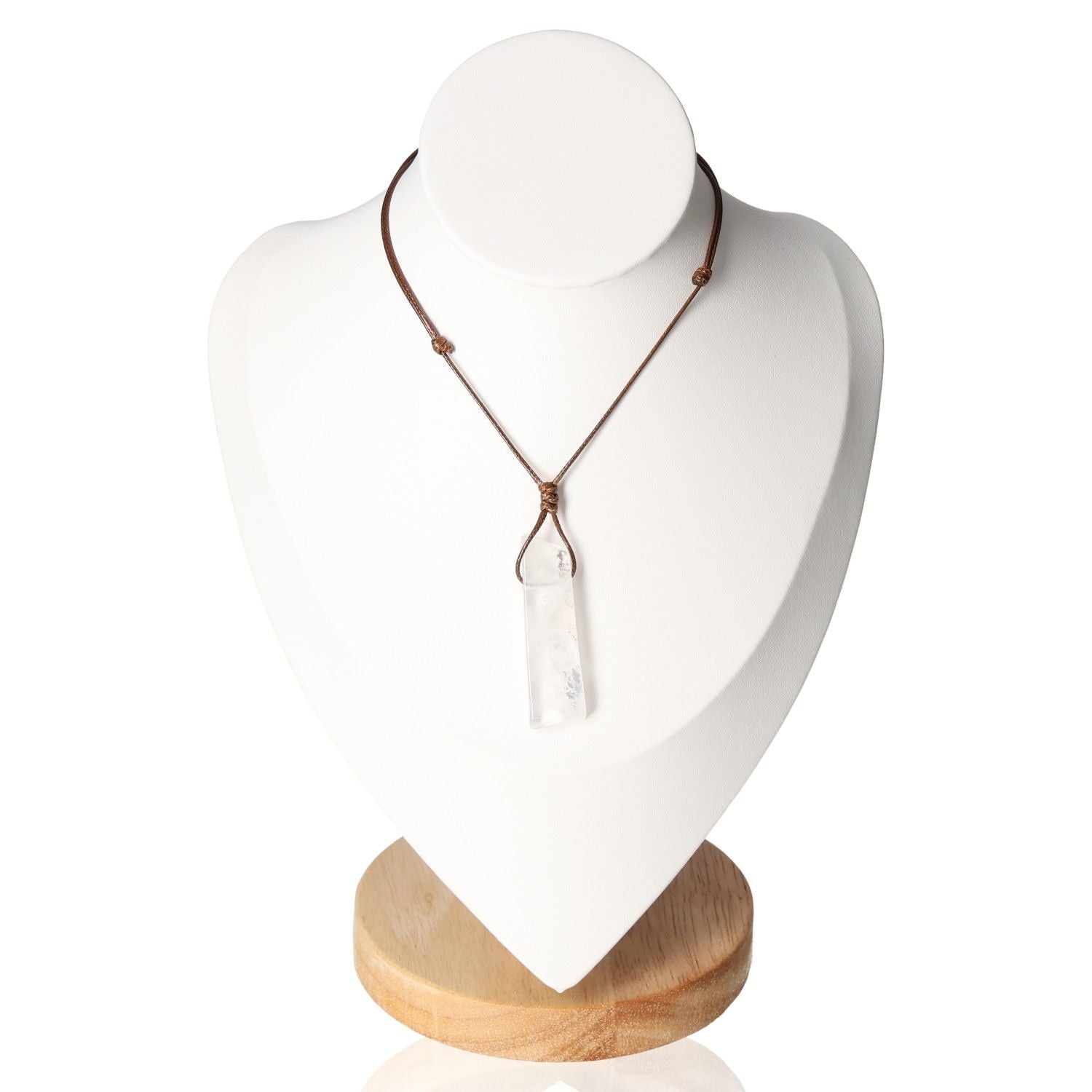 Boho Necklace with Clear Quartz Pendant on Display Stand